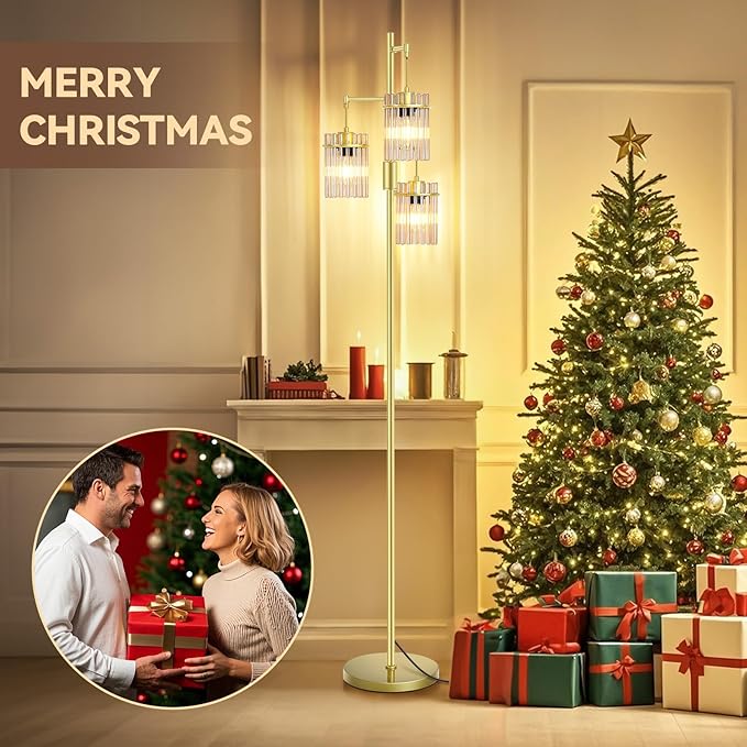 Industrial Modern Floor Lamps for Living Room, Dimmable Glass Tree Standing Tall Lamps with 3 Elegant Teardrop Cage Head & 800 Lumens LED Bulbs for Bedroom Office (65inch Tall)
