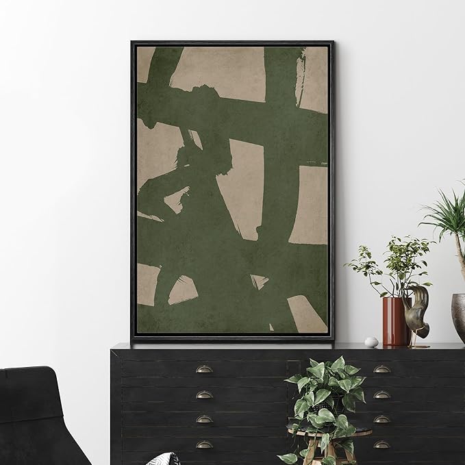 MUDECOR Framed Canvas Print Wall Art Green Abstract Brushstroke Illustrations Minimalism Decorative Relax Colorful for Living Room, Bedroom, Office - 24"x36" Black