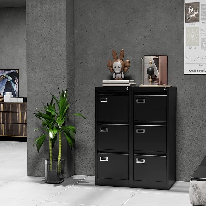 Yizosh 3 Drawer Black File Cabinet with Lock, Filing Cabinets for Home Office, Metal Locking Office File Storage Cabinets with Drawers, Vertical Small Filing Cabinet Organizer for Legal/A4