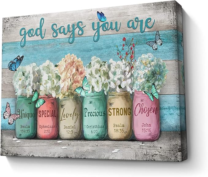 Parylore Inspirational Canvas Wall Art Encouraging Bible Verses On Cute Marson Jars and Butterflies God Says You Are Modern Artwork for Living Room Bedroom Bathroom Office Home Decor 12x16 In