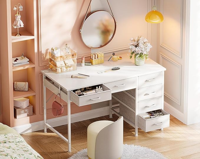 ODK Computer Desk with 6 Drawers, 40 Inch Small Desk with Storage, Reversible Desk with Headphone Hook for Home Office, Work Study Table for Bedroom, White
