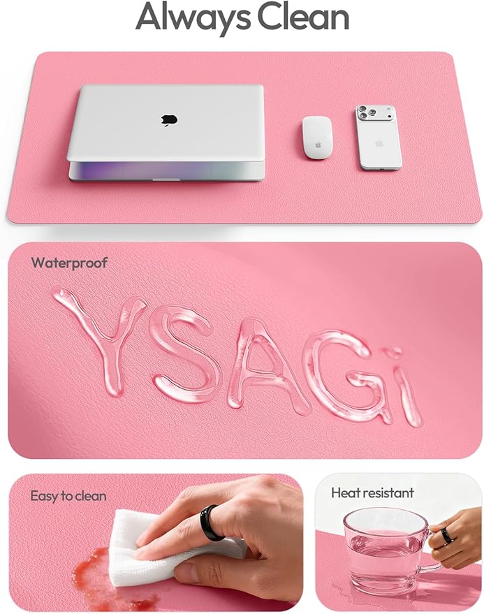 YSAGi Leather Desk Pad Protector, Large Mouse Pad, Non-Slip PU Leather Desk Blotter, Laptop Desk Pad/Mat, Waterproof Writing Pad for Office and Home (23.6" x 13.8", Pink)