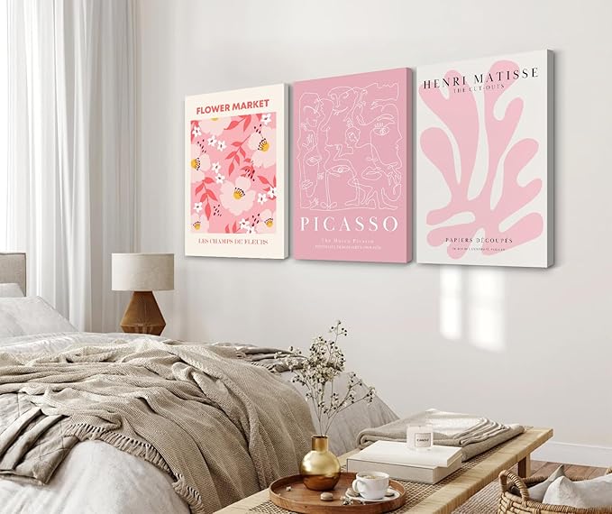 Matisse Abstract Wall Art Decor Pink Flower Canvas Pictures Picasso Aesthetic Wall Art Henri Matisse Prints Poster Abstract Flower Painting Market Artwork for Bedroom 12x16 Inch Framed Set of 3