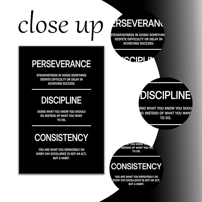 DINGFUN Perseverance Discipline Consistency Motivational Wall Decor Inspirational Office Poster Wall Art Positive Picture Print Artwork for Home Bedroom Gym Classroom Ready to Hang [12''Wx18''H]