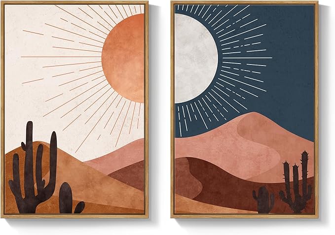 Framed Boho Desert Landscape Wall Art Set of 2 for Living Room, Abstract Mid Century Modern Sun and Moon Canvas Artwork for Walls, Bohemian Painting Print Wall Decor for Bedroom Home Office, 16x24 In