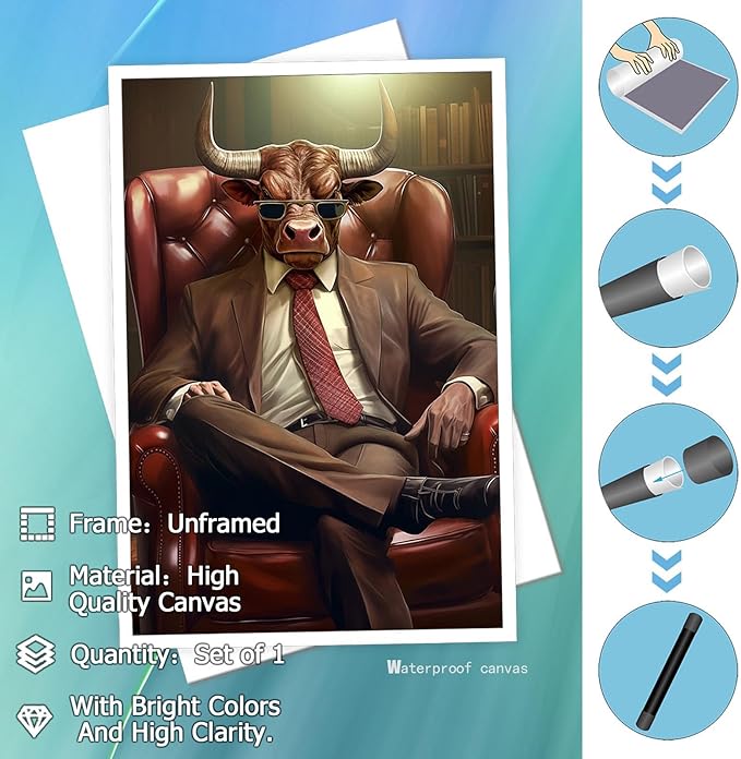 Trendy Suit Animal Cow Portrait Wall Art Funny Boss Cow Canvas Posters Work Struggle Motivation Inspiring Prints Painting For Office Living Room Wall Decor 16x24in Unframed