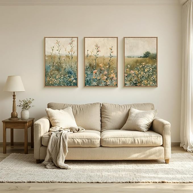 HLNIUC Vintage Watercolor Wildflower Landscape 3 Piece Wall Art Framed, Large Retro Floral Wall Decor(16x24), Nature Wilderness Farmhouse Rustic Field Canvas Painting for Living Room, Bedroom, Office