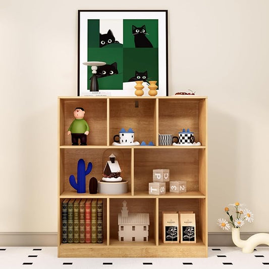 8-Cube Wooden Bookshelf with Base,3-Tier Freestanding Open Storage Organizer,Multi-Functional Bookcase for Living Room,Bedroom,Study and Office (Oak, 8-Cube)