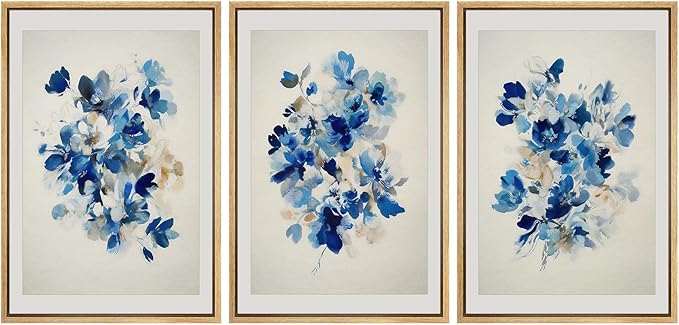 SIGNFORD Framed Wall Art Print Set Blue Blossom Watercolor Floral Botanical Digital Art Modern Art Contemporary for Living Room, Bedroom, Office - 24"x36"x3 NATURAL