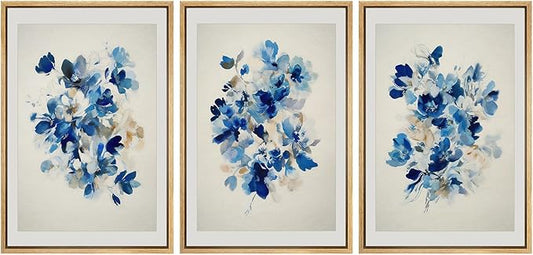 SIGNFORD Framed Wall Art Print Set Blue Blossom Watercolor Floral Botanical Digital Art Modern Art Contemporary for Living Room, Bedroom, Office - 24"x36"x3 NATURAL