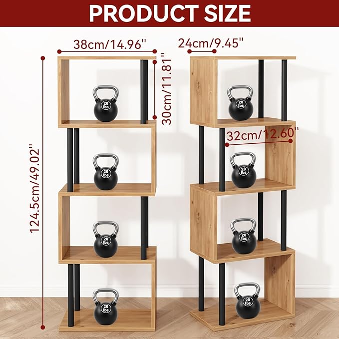 IBUYKE 5-Tier Tall Bookshelf,S-Shaped Geometric Bookcase, Wood Display Shelves with Storage,Modern Bookshelf for Living Room Bedroom, Home Office,Oak WBC015K