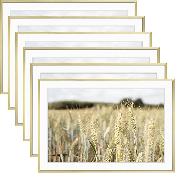 Golden State Art, Gallery Wall Frame Set of 6 - Gold 13x19 Aluminum Photo Frames with Mat for 11x17 Pictures - 13 x 19 inch Metal Frame with Real Glass Cover - Elegant Home or Office Decor