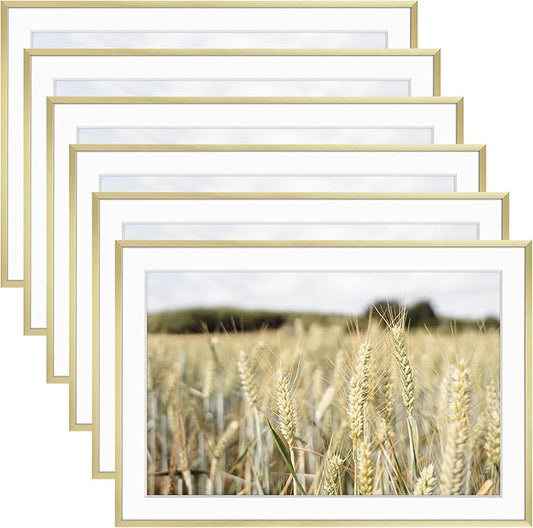 Golden State Art, Gallery Wall Frame Set of 6 - Gold 13x19 Aluminum Photo Frames with Mat for 11x17 Pictures - 13 x 19 inch Metal Frame with Real Glass Cover - Elegant Home or Office Decor