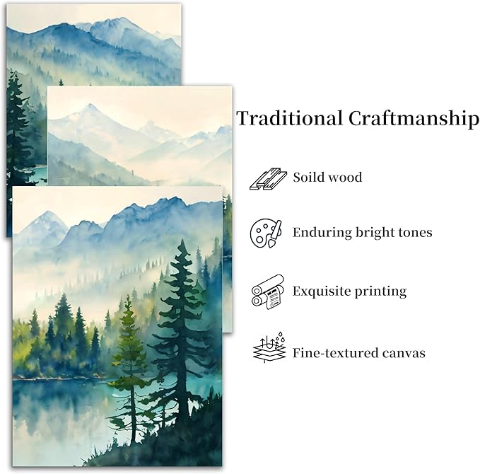 SERIMINO Nature Landscape Wall Art for Living Room, Green Forest Mountain Canvas Prints Paintings Room Decor, Lake Tree Cottagecore Modern Farmhouse Wall Decor Set of 3, 12"X16"