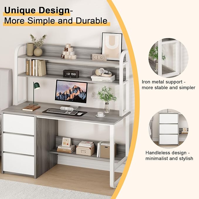 Computer Desk with 3 Drawers, 55 Inch Desk with Hutch for Small Spaces, Study Writing Desk with Shelves for Bedrrom, Adjustable Feet, Grey