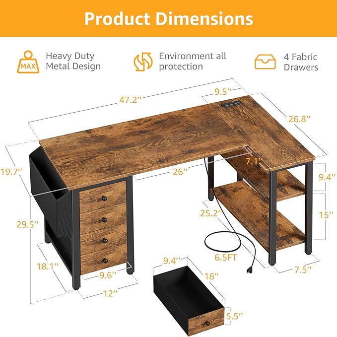 DLisiting L Shaped Computer Desk with Drawers - 47 Inch Corner Office Reversible Desk with Storage Shelves Power Outlet, Home Office Desks L-Shaped with Fabric Drawer for Teen Girls, Rustic Brown
