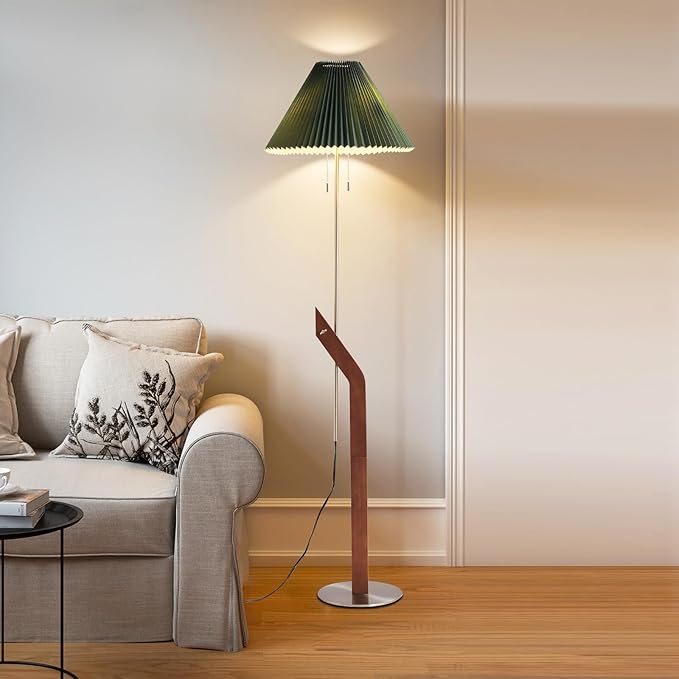 Floor Lamps for Living Room,Mid Century Modern Wood Large Floor Lamp,Height Adjustable Study Room,Bedroom,Office Tall Standing Floor Lamp,Green Pleated Lampshade