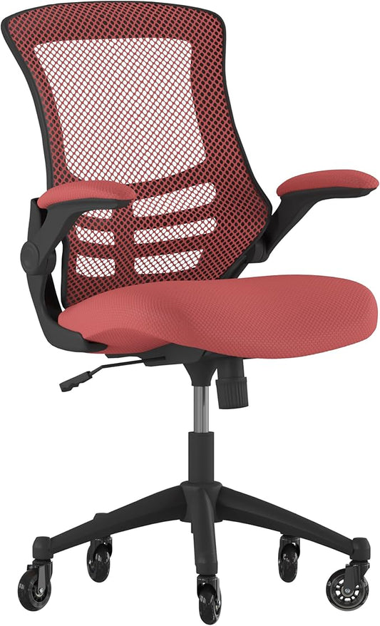 Flash Furniture Kelista Mid-Back Red Mesh Swivel Ergonomic Task Office Chair with Flip-Up Arms and Transparent Roller Wheels