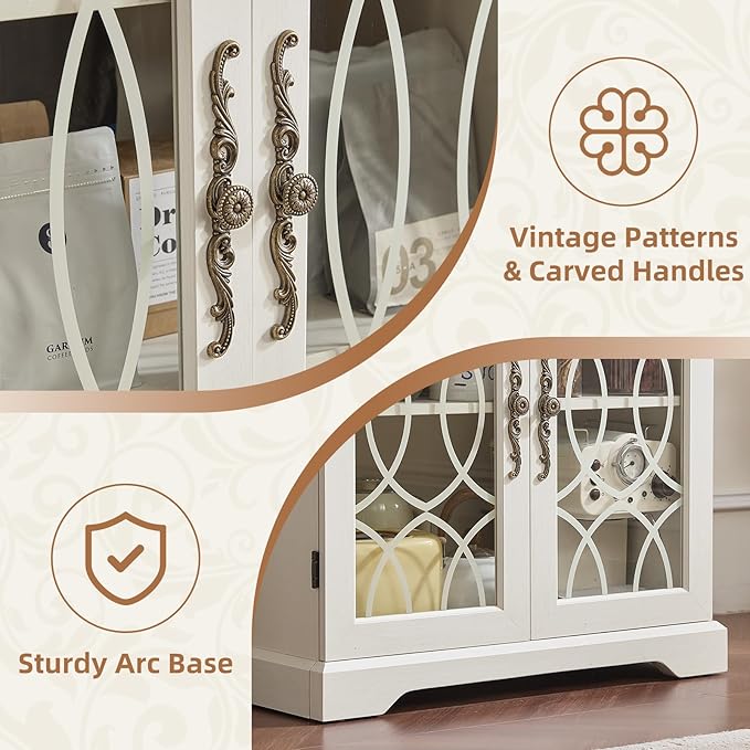 67" Tall Bookshelf Set of 3, Vintage Book Shelf with Glass Doors, 5-tier Wood Bookcase with Adjustable Storage Shelves, Freestanding Rustic Curio Display Cabinet for Living Room, Office, White