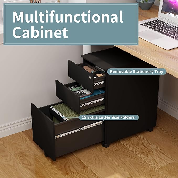 File Cabinet, 3 Drawer Filing Cabinet with 15 pcs Letter Size Folders, Small Rolling Cabinet with Lock for Home Office, Pre-Built Office Storage Cabinet, White