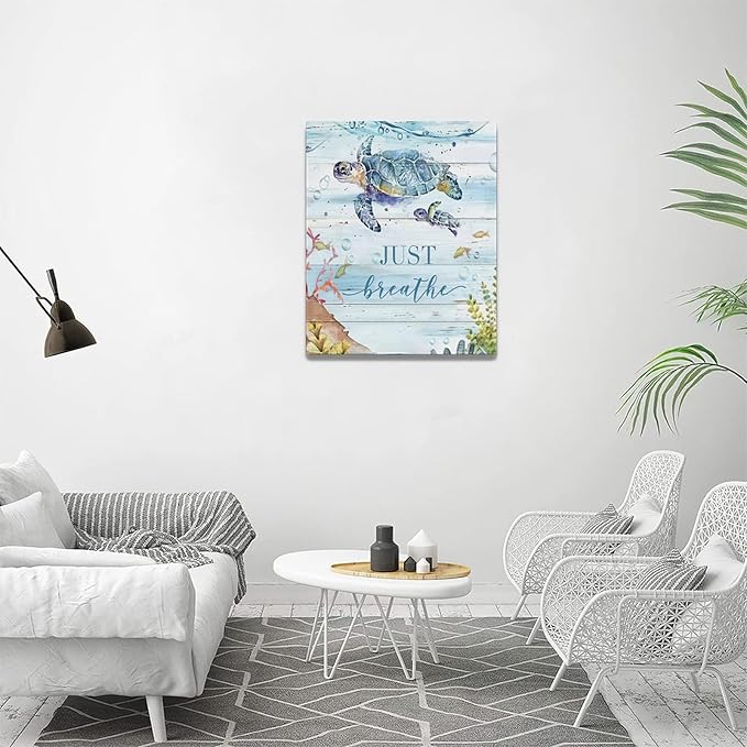 yerretin Nautical Sea Turtle Wall Art Ocean Just Breathe Pictures Wall Decor Beach Canvas Painting Modern Artwork Home Decoration for Bathroom Living Room Bedroom Office Framed 16"x20"