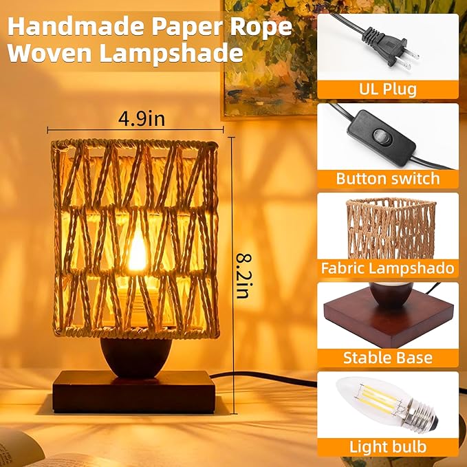 Rattan Table Lamp, Boho Bedside Lamp Vintage Wooden Nightstand Nightlight, Rustic Bamboo Woven End Table Lamps, Handmade Woven Desk Lamp, Christmas Decor for Bedroom, Living, Room Study, Kids Room