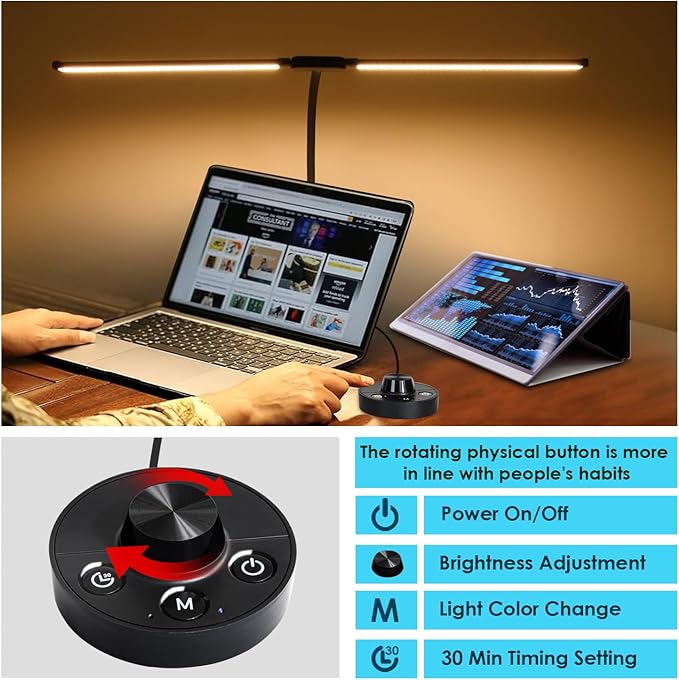 LED Desk Lamp with Two Heads, Clamp On Desk Lamps, 24W, 4000 LMS, CRI>90, 5 Color Modes (2600K-6500K), 10 Brightness Levels, Adapter Included