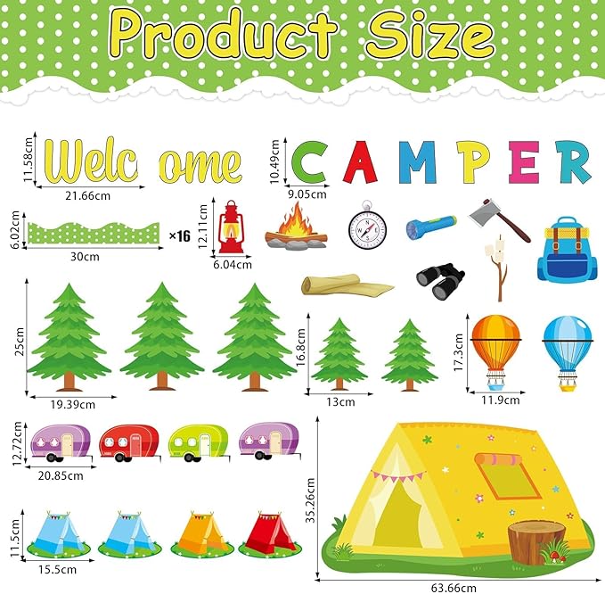 Camping Bulletin Board Set Happy Camper Trim Classroom Border Decorations VBS Tent Vintage Trailers Cutouts Welcome Camper for Back to School Summer Camping Nursery Chalkboard Wall Door Decor