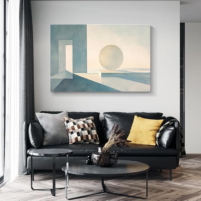 gaosoul Modern Canvas Wall Art Blue White Tranquility Geometric Abstract Oil Painting Minimalism Artwork Prints for Living Room Bedroom Office Decor Framed 48x32in