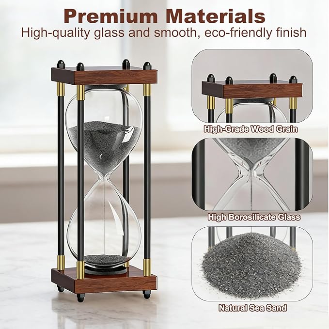 Large Hour Glass Sand Timer - 60 Minute Vintage Sand Clock with Wooden Frame, Hourglass Timer Decor for Office Desk, Kitchen & Mindfulness (Black)