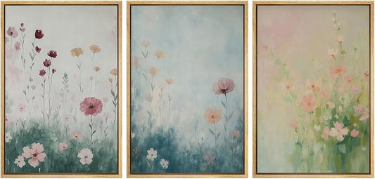 SIGNFORD Framed Wall Art Print Set Pastel Wildflower Meadow Soft Botanical Digital Art Modern Art Contemporary for Living Room, Bedroom, Office - 16"x24"x3 NATURAL