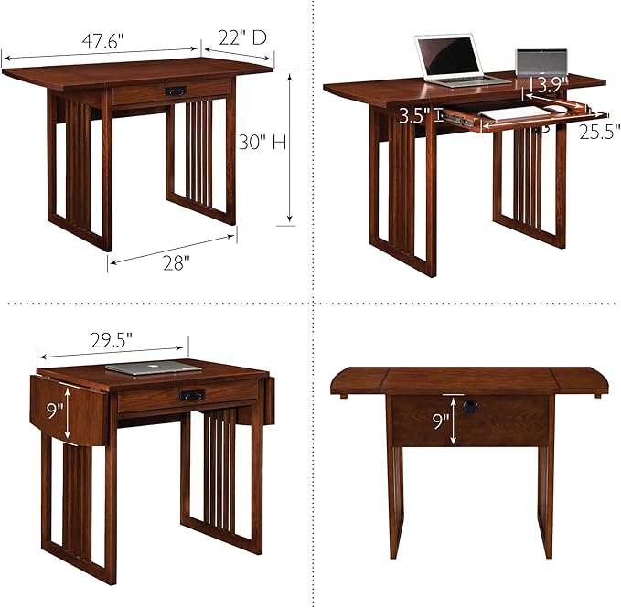 Mission Drop Leaf Computer Desk, 32-Inch, Solid Wood, Compact Folding Writing Desk for Small Spaces, Home Office – Leick Home, 82420