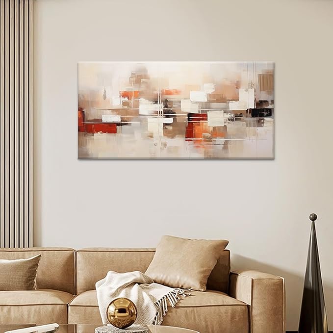 Abstract Wall Art Geometric Block Canvas Art Brown and Beige Modern Wall Art Minimalist Wall Decor Artwork Living Room Neutral Canvas Framed Painting for Bedroom Office