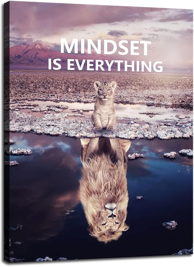 Mindset is Everything Inspirational Canvas Printing Wall Art Little Lion Big Lion Inspirational Poster Printing Artwork Home Decoration Living Room Bedroom Office Frame Ready to Hang[30″W X 40″H]