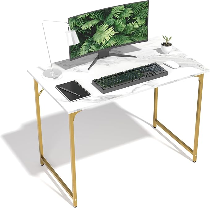 39 Inch Computer Desk with Wood Board and Metal Frame, Modern Simple Style Work Desk with Adjustable Feet, Study Gaming Desk Table for Home Office, Bedroom, Small Spaces