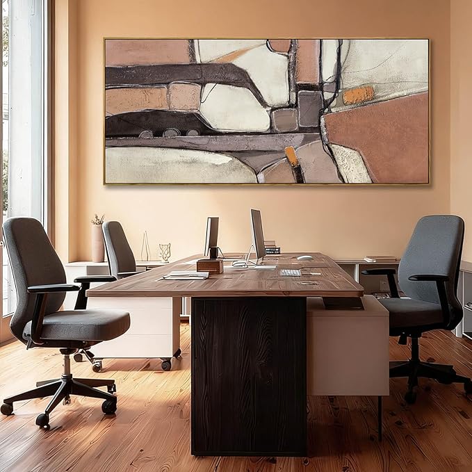 ZENPEE Brown & Grey Abstract Canvas Wall Art 32x71, Neutral Off-White Geometric Design with Wooden Frame, Modern Oversized wall art for living room