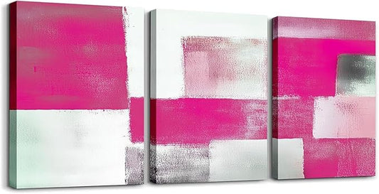 jejeloiu Modern Art 3 Piece Canvas Wall Art for Living Room Bedroom Abstract Art Picture Wall Decor 12"x16"x3pcs Hot Pink Abstract Oil Painting Office Decorations Artwork Posters