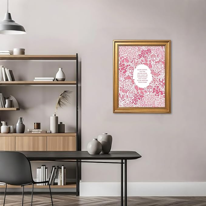 Slow Down You're Doing Fine Music Posters Motivational Quote Pink Wall Art Vintage Floral Positive Daily Reminder Song Lyrics Canvas Print Aesthetic Office Home Decor 12x16inch Vintage Framed