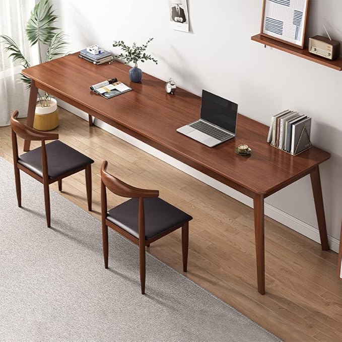 Mid-Century Long Desk Table - 63" Simple Modern Extra Long 2-Person Wood Computer Workstation for Home Office Work in Walnut, 63" W x 24" D