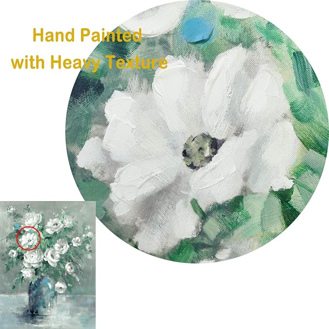 UTOP-art Floral Canvas Wall Art Painting White Rose Flower Green Leaves Hand Painted Texture Picture Artwork For Bedroom Plant Wall Decor Bathroom Walls Office(18'' x 24'' x 1 Panel)