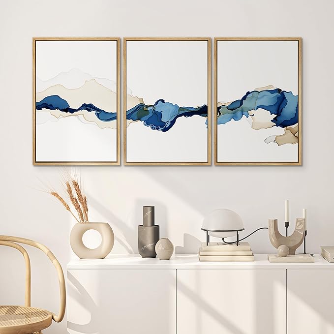 SIGNWIN 3 Piece Framed Canvas Wall Art Blue and Brown Watercolor Nature Wilderness Illustrations Abstract Traditional Relax/Calm Home Artwork Decoration for Living Room,Bedroom - 24"x36"x3 Natural