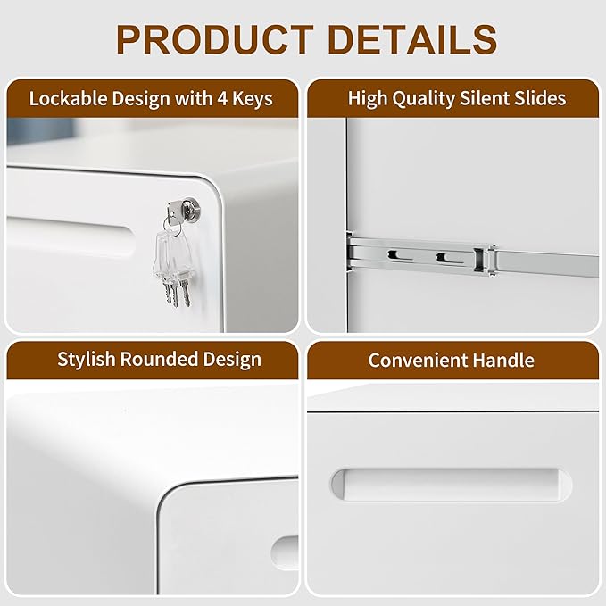 2 Drawers Metal Filing Cabinet with Lock, with 25 File Folders, Mobile Vertical Cabinet with Fully Assembled Except Casters, for Home Office, White