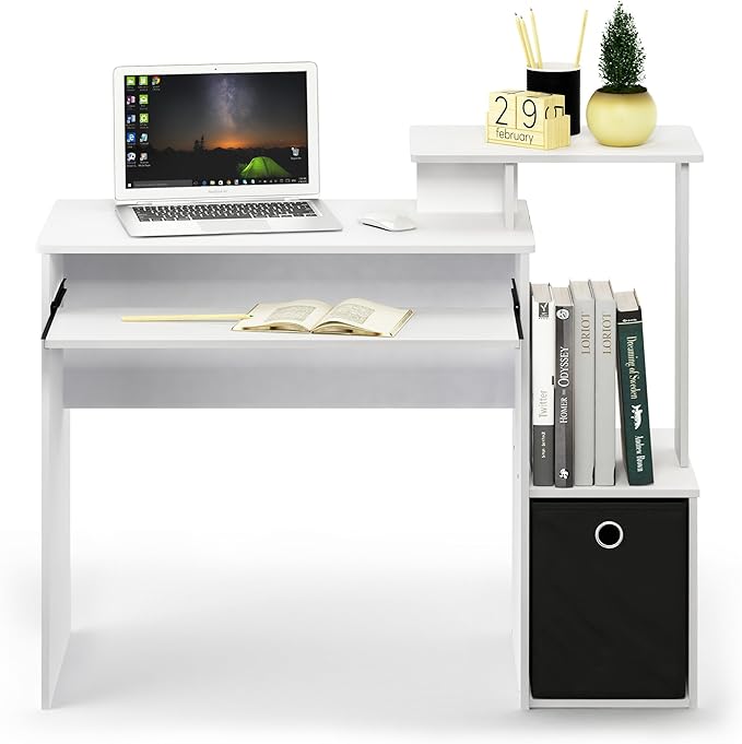 Furinno ECON Desk, 40" Wide Gaming Desk with Keyboard Tray, Computer Desk, Office Desk with Side Shelves and Storage Bin for Home Office, Plain White