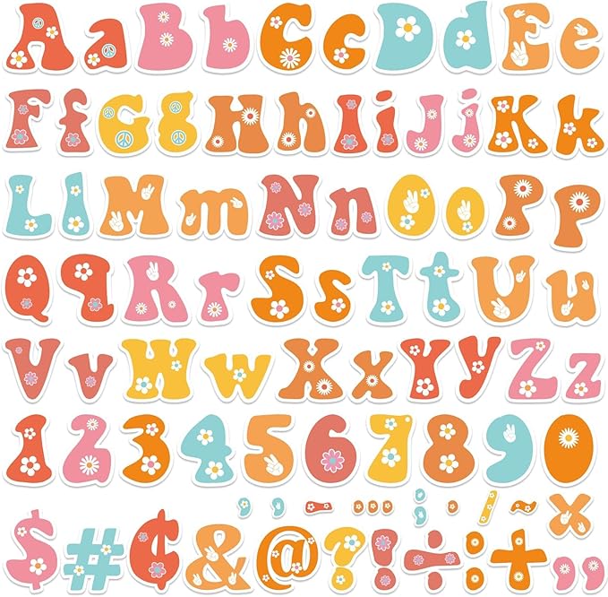 260 PCS Spring Daisy Bulletin Board Letters for Classroom 4” Letters Combo Pack Set Groovy Retro Hippie Classroom Decorations Alphabet Numbers Symbols Letters Bulletin Cutouts Card for Classroom Decor
