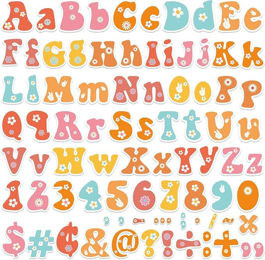 260 PCS Spring Daisy Bulletin Board Letters for Classroom 4” Letters Combo Pack Set Groovy Retro Hippie Classroom Decorations Alphabet Numbers Symbols Letters Bulletin Cutouts Card for Classroom Decor