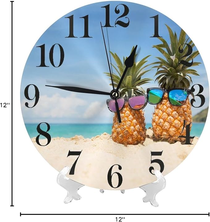 Funny Pineapples on sea Beach Wall Clock Battery Operated Silent Round Clock Wall Decor for Home Office School, 12 Inch