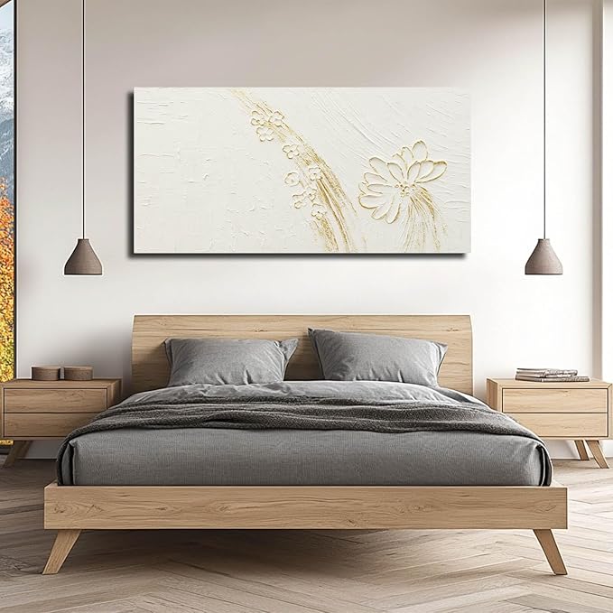 VAYIMDH White Paintings Texture Wall Art Canvas Pictures Gold Hand Drawn Arts Beautiful Floral Wall Decor for Home Office 24"x48"