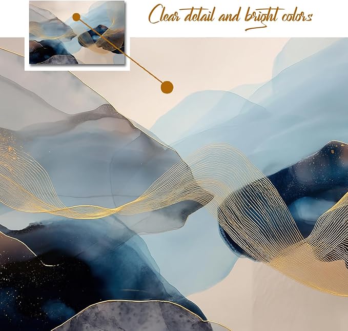 gaosoul Modern Blue Abstract Canvas Wall Art Oil Painting Giclee Print of Flowing Azure Textures Delicate Gold Filigree Soft Color Transitions Minimalism Artwork for Home Office Decor Framed 30x20in