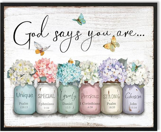 God Says You Are Wall Art: Inspirational Quotes Christian Wall Art Bible Verses Wall Decor Religious Gifts for Women Girls,Hydrangea Flower in Mason Jar Picture Poster Bedroom Decor 16"x20"