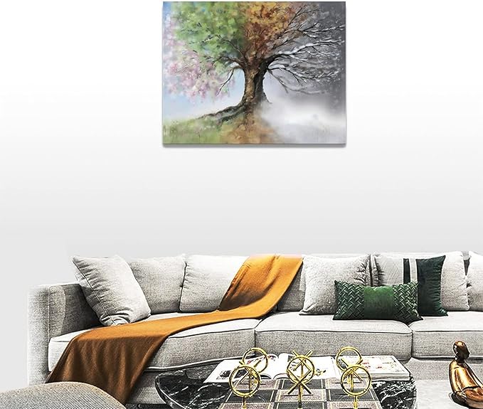 yerretin Tree of Life Wall Art Colorful Country Trees Pictures Wall Decor Rustic Four Season Canvas Painting Modern Artwork Home Decorations for Bathroom Living Room Bedroom Office Framed 16"x12"